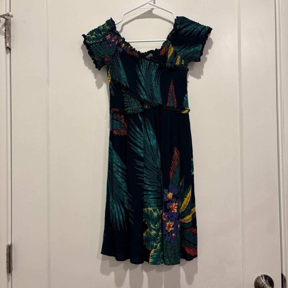 Patrons of Peace Tropical Palm Print Smocked Mini Dress Navy Green Small 19359A